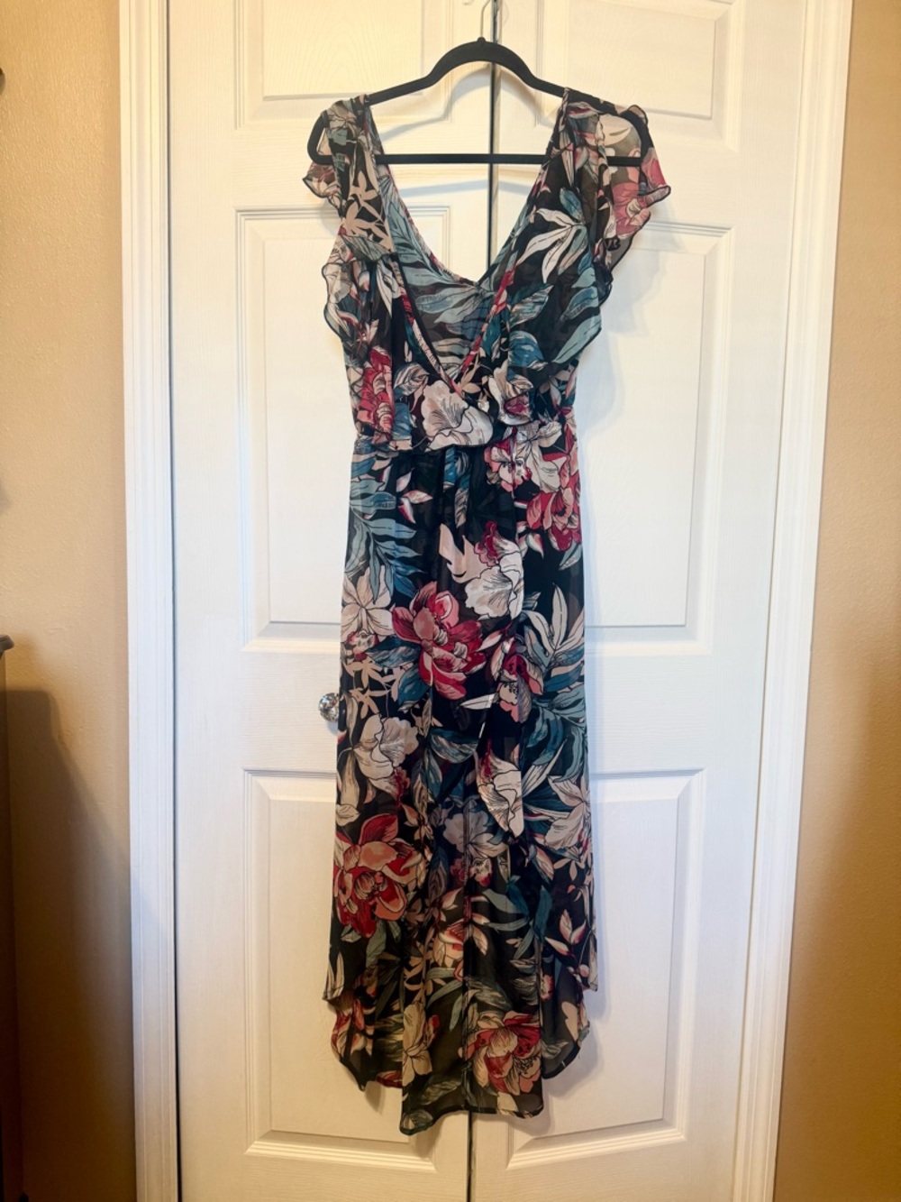 Charlotte Russe Black Floral High-Low Maxi Dress with Pink and Cream Flowers